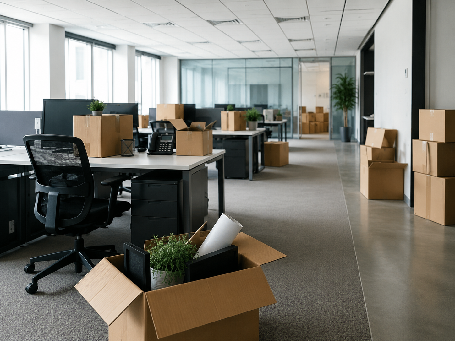 Professional movers carrying office equipment
